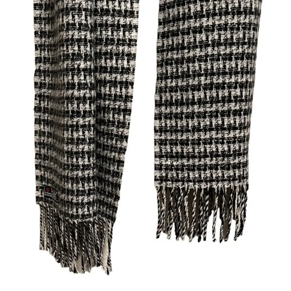 Cashmink- Unisex Black and White Houndstooth Scarf with Fringe Detail, OS